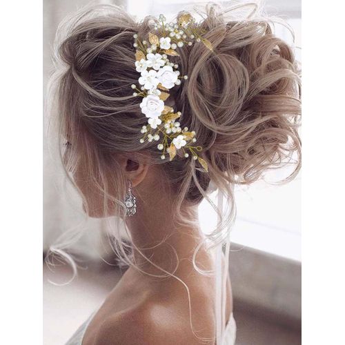 Kal-Vigne De Cheveux Mariage À Motif Floral Avec Perles Serre-Tête Pour Mariée Pour Femme Et Fille (Doré)