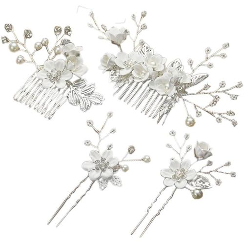 Kal-Lot De 4 Barrettes À Cheveux En Forme De U - Avec Perle De Fleur - Pour Femme Et Fille - Beige