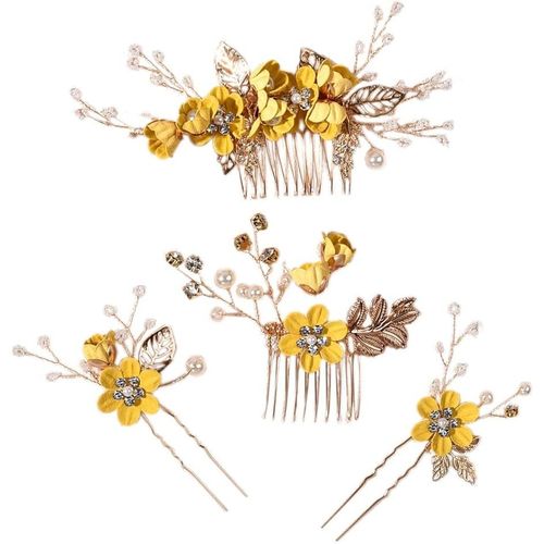 Kal-Lot De 4 Barrettes À Cheveux En Forme De U - Perles De Fleurs - Bijoux De Demoiselle D'honneur - Pinces À Cheveux Pour Femmes Et Filles - Jaune