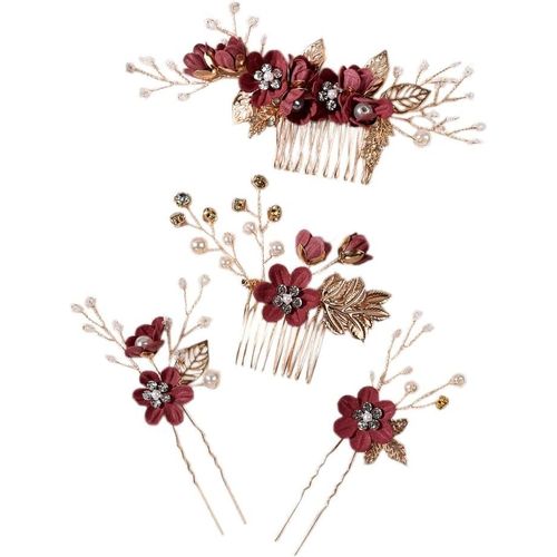 Kal-Lot De 4 Barrettes À Cheveux En Forme De U Avec Perles De Fleurs - Bijou De Demoiselle D'honneur - Pour Femme Et Fille - Rouge Foncé