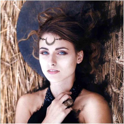 Kal-Chaine De Tête Lune Croissant Boho Chaine De Cheveux Lune Noire Chaine De Tête Lune Noire Headpiece Serre Tête Croissant De Cristal Vintage Gypsy Moon Front Chaîne Coiffe Accessoires