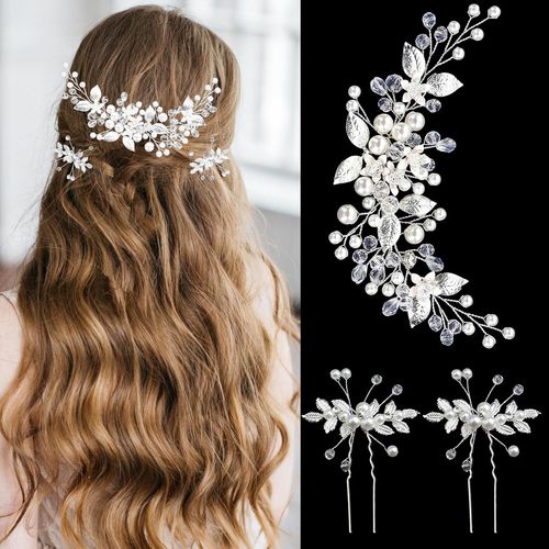 Kal-Mariage Feuilles Vignes De Cheveux Accessoire Cheveux, Barrette Cheveux Fleurs Strass Mariage, Epingle Cheveux Mariage Femme Perle, Pour Coiffure De Mariage (B)