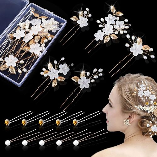 Kal-- Lot De 15 Barrettes À Cheveux De Mariage Avec Perles Et Fleur, En Forme De U, Strass, Pour Mariée Et Demoiselle D'honneur (Doré, 3 Styles)
