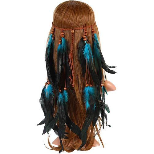 Kal-Bandeau À Plumes Bohémien Hippie Avec Gland - Serre-Tête Indien Coloré Pour Femmes Et Filles, Accessoire De Cheveux Tribal Pour Costume Fête, Coiffe Boho Chic Vintage (Bleu, 30)