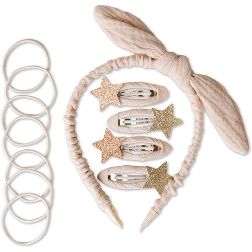 Kal-Ensemble D'accessoires De Cheveux Spéciaux Avec Serre-Tête, Pinces À Cheveux À Paillettes, Élastiques Combinés Avec Du Tissu Mousseline De Qualité Supérieure - Beige - Pour Filles Et