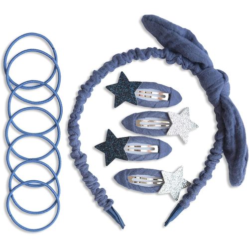 Kal-Ensemble D'accessoires De Cheveux Spéciaux Avec Serre-Tête, Pinces À Cheveux À Paillettes, Élastiques Combinés Avec Du Tissu Mousseline De Qualité Supérieure - Bleu Foncé - Pour Filles