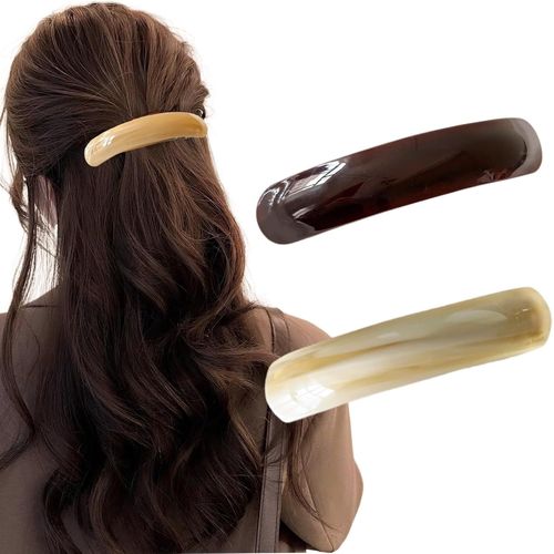 Kal-Lot De 2 Barrettes À Cheveux Françaises Pour Femme - Cheveux Fins - Automatiques - Grande Pour Cheveux Moyens (Ambre, Vert) (Marron Foncé, Beige)