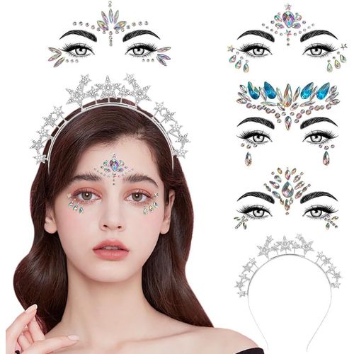 Kal-Serre-Tête Étoile Avec 4 Pièces Paillettes Strass Autocollant Visage Bandeau Étoile Tatouages Temporaires Paillettes Visage Cheveux Costumée Accessoires Carnaval Fête Mariage Pour Femme Fille 