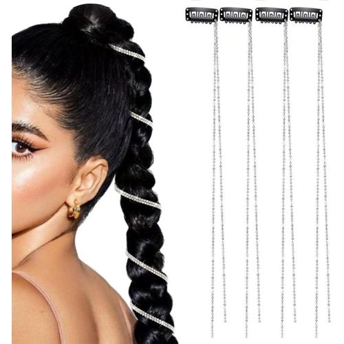 Kal-4 Pièces Chaînes De Cheveux Strass,Bijoux De Cheveux Fantaisie Et Strass,Brillante Barrette Punk Crystal Tassel Pour Femmes Et Filles,Longues Haarspangen Pour Partie Anniversaire