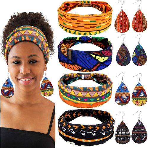 Kal-4 Paires Boucles D'oreilles Africaines En Faux Cuir 4 Pièces Bandeaux Africains, Boucles D'oreilles De Larme Bandes De Cheveux Nouées Larges Bandeaux De Yoga Extensibles Pour Filles Femmes