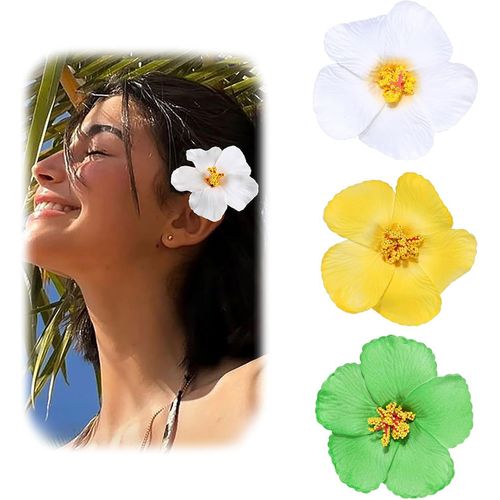 Kal-3 Pièces De Barrettes Hawaïennes Pour Femmes, Barrettes Plumeria-Hibiscus, Clips De Fleurs Artificielles Pour Vacances, Fête De Plage, Piscine, Croisière (Blanc/Jaune/Vert)
