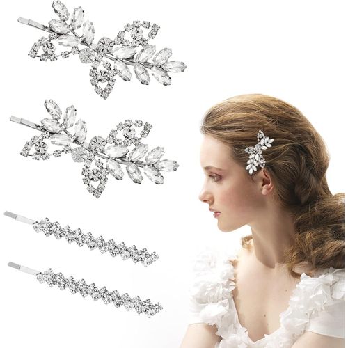 Kal-Pinces À Cheveux, 4pcs Pince À Chignon Strass Argenté Strass Barrette Argent Cheveux Femme La Mariée Barrette Clip Pinces À Cheveux En Forme De Feuille