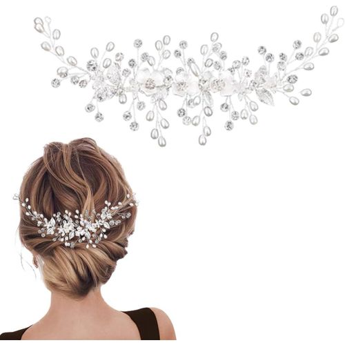 Kal-Fleur De Mariage Cheveux Vigne Bandeau Argent Cristal Bijoux, Perle De Mariée Accessoires De Cheveux Pour Femmes Et Filles
