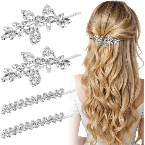 Kal-Lot De 4 Magnifiques Pinces À Cheveux Argentées Avec Strass Pour Bal De Fin D'année, Mariage, Épingles À Cheveux En Cristal Étincelant Pour Femmes, Mariées, Demoiselles D'honneur, Filles