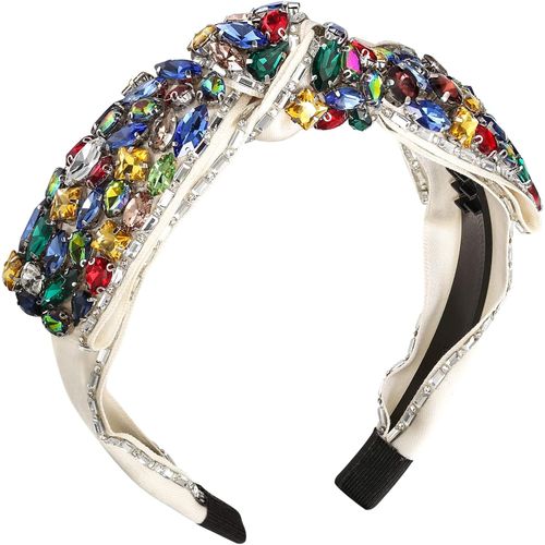 Kal-Bandeau Strass Pour Femme Scintillant Cristal Rembourré Large Bandeau Noeud-Cheveux Postiche Multicolor Ton D'or Tissu Blanc