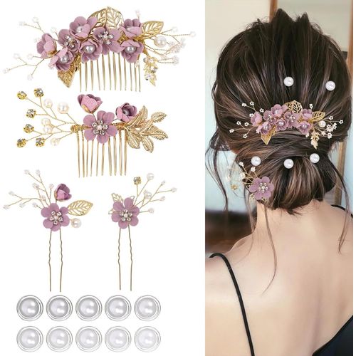 Kal-Lot De 4 Accessoires Pour Cheveux De Mariage, Épingles À Cheveux Élégantes En Forme De Fleur, 10 Épingles À Cheveux En Spirale Avec Perles Pour Mariées, Demoiselles D'honneur, Femmes Et Filles(Vi