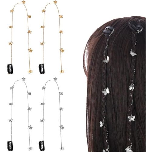 Kal-Chaînes À Cheveux Papillonlongues Chaînes Papillon À Cheveux Pour Tressesaccessoires De Cheveux Pour Filles, Enfants, Accessoires De Mariagedoré Et Argent4pcs