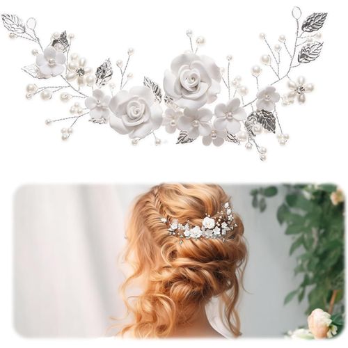 Kal-Accessoire Cheveux Mariage, Argent Mariage Cristal Cheveux Vignes Fleur Feuille Headpieces Accessoires De Cheveux De Mariage Pour La Mariée Barrette Cheveux Mariage, Pour Mariée Pour Femme Et Fil