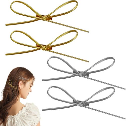 Kal-Lot De 4 Épingles À Cheveux Simples Et Tendance Avec N?ud En Cuir, Style Vintage Y2k, Ensemble De Bijoux De Cheveux Charmants Pour Femmes Et Filles (Doré, Argenté)