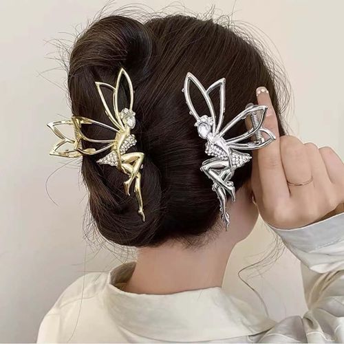 Kal-2pcs Métal Ange Papillon Griffe Irrégulière Strass Shark Clamp Pour Vague Épaississante Anti-Slip Hair Styling Accessoires Pour Femmes (Or-B)