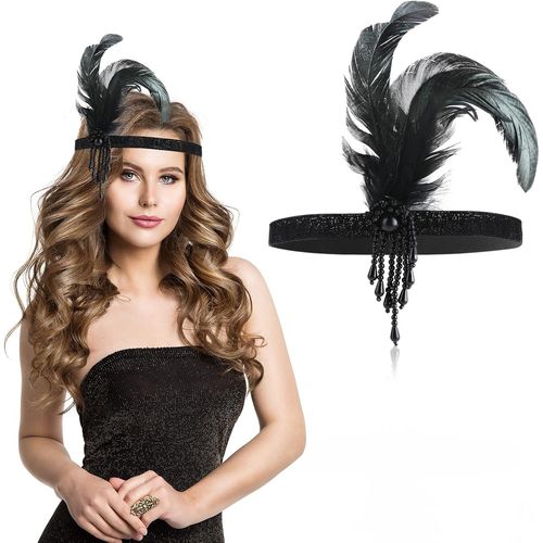 Kal-Bandeau En Plumes Des Années 1920, Noir Années 1920 Coiffure Bandeau Mode Bling Strass Accessoires De Cheveux Pour Femmes Filles Décoration De Fête De Bal (Perles Noires) 