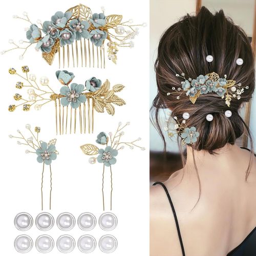 Kal-Lot De 4 Accessoires Pour Cheveux De Mariage, Épingles À Cheveux Élégantes En Forme De Fleur, 10 Épingles À Cheveux En Spirale Avec Perles Pour Mariées, Demoiselles D'honneur, Femmes Et Filles(Ve