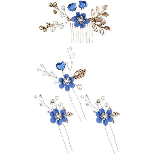Kal-Lot De 4 Peignes À Cheveux En Forme De U Avec Perles Élégantes - Pour Mariage, Fête, Bal, Mariage, Dîner - Bleu Roi