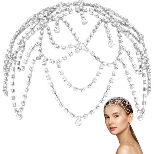 Kal-1920s Bonnet En Cristal Avec Chaîne En Forme De Fleur Et Strass Rugissant 20s Accessoires Pour Cheveux Gatsby Magnifique Chapeau Pour Mariée Cosplay Halloween(Avec 2 Pinces À Cheveux) 