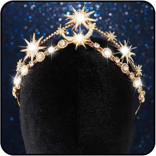 Kal-Bandeau De Mariée En Strass Avec Étoile Et Lune - Accessoire De Cheveux Pour Femme (Doré, Taille Unique)