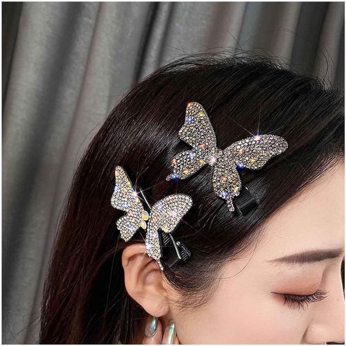 Kal-Barrette Papillon En Cristal Noir Barrette Papillon Pavée Épingle À Cheveux Papillon En Cz Paillettes Strass Barrette Tête Décorative Accessoires Bijoux Pour Femmes Et Filles(Noir)
