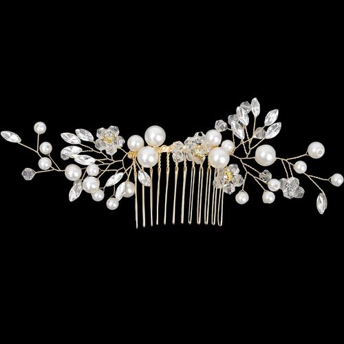 Kal-Barrettes À Cheveux De Mariée En Perles Avec Peigne Floral - Épingles À Cheveux Ajustables En Cristal Pour Mariée, Coiffure Vintage À Strass Pour Chignon (Doré)