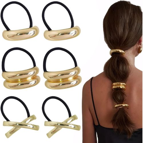 Kal-Lot De 6 Élastiques À Cheveux En Métal Doré, Chouchou Pour Queue De Cheval, Barrettes À Cheveux, Géométriques, Dorées, Élastiques Dorés, Conviennent Aux Femmes Avec Des Épaisseurs