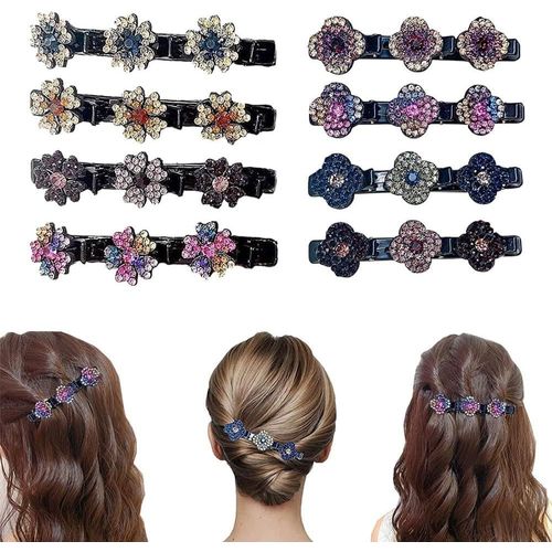 Kal-8 Pièces Pinces À Cheveux Fleur Tressées Avec Cristaux Pour Filles Et Femmes Accessoires De Coiffure Elégants Et Pratiques(B)