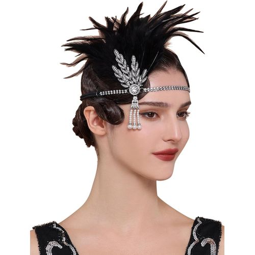 Kal-Bandeau Charleston Pour Femme \U2013 Accessoire De Style Années 1920-1920 À Plumes Gatsby - Noir