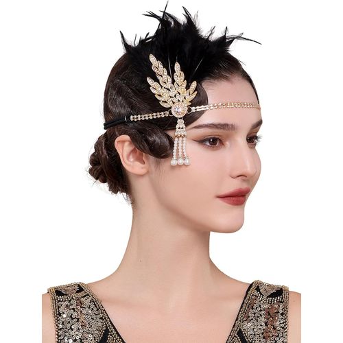 Kal-Flapper Bandeau Style Années 1920 Gatsby - Style Années 20 - Vintage - Strass - Accessoire De Cheveux Pour Mariage - Pour Femme - Noir Et Doré