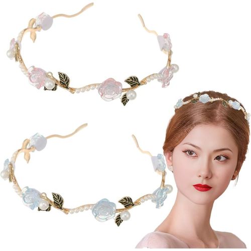 Kal-2 Pcs Serre-Tête En Perles Rose Rouge Et Rose Blanche, Bandeau Grecque Romain Coiffe Cheveux Couronne Femme Accessoires, Bridal Coiffe De Mariage Feuille Serre-Tête Couronne