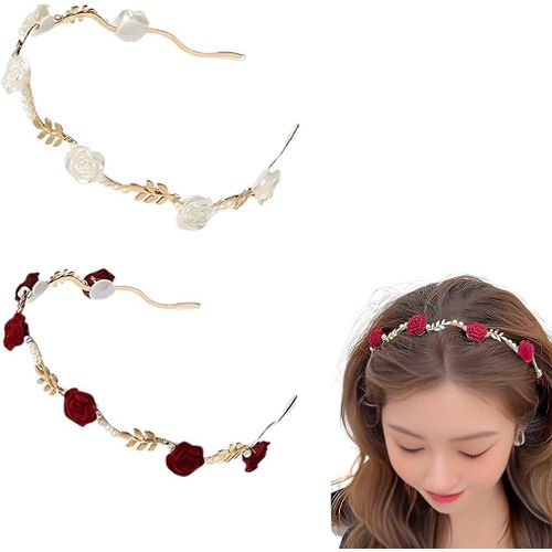 Kal-2 Pcs Serre-Tête En Perles Rose Rouge Et Rose Blanche Couronne Fleur Bandeau Grecque Romain Coiffe Cheveux Couronne Femme Accessoires Bridal Coiffe De Mariage Feuille Serre-Tête Couronne