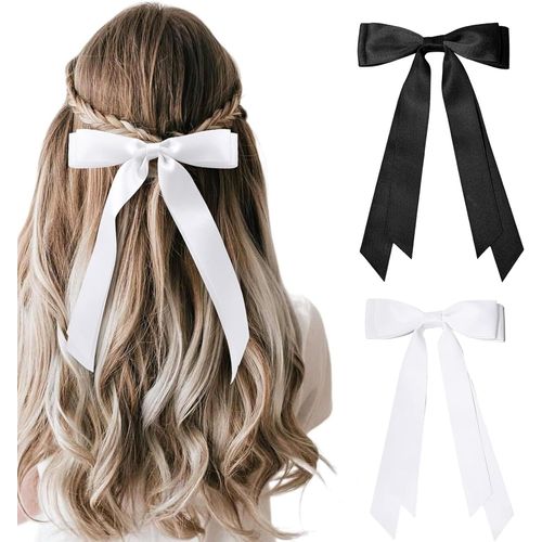 Kal-Lot De 2 Barrettes À Cheveux Pour Femme - Noir Et Blanc - N?ud À Cheveux - Longue Queue De Canard - Barrette À Cheveux - Bijoux Scolaires - Cadeau Pour Femme