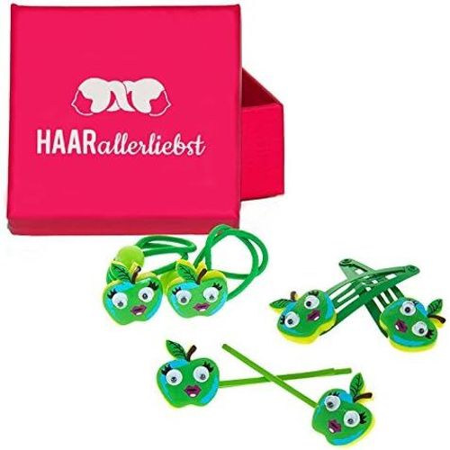 Kal-Ensemble De Bijoux Pour Cheveux (6 Pièces | Pommes Vertes Aux Yeux Globaux| ) Pour Enfants Avec Boîte De Rangement (Couleur De La Boîte : Rose)