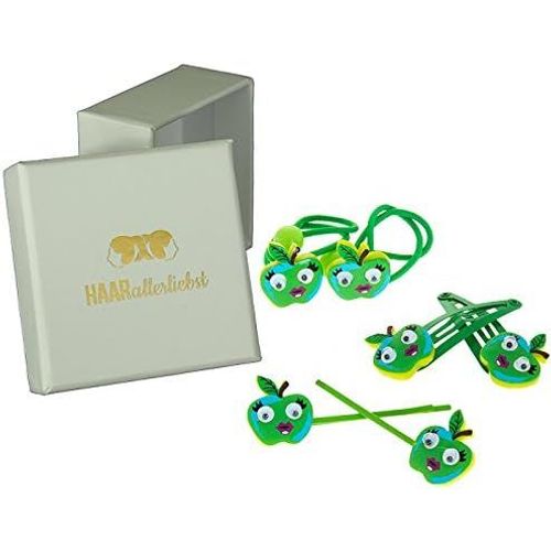 Kal-Ensemble De Bijoux Pour Cheveux (6 Pièces | Pommes Vertes Aux Yeux Globaux) Pour Enfants Avec Boîte De Rangement (Couleur De La Boîte : Blanc)