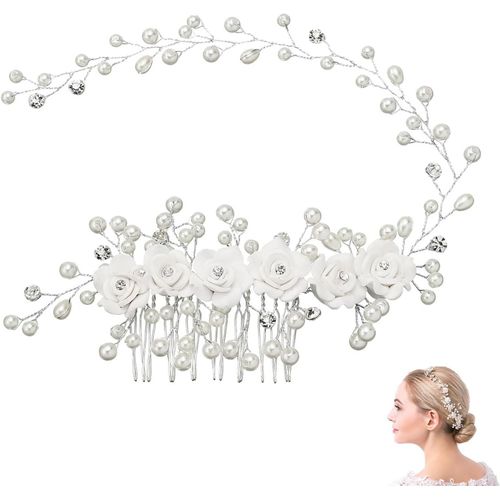 Kal-Bijoux Cheveux Mariage, Perle Bandeau De Mariage Bijoux De Cheveux De Mariée, Fleur Mariage Cheveux, Mariée Mariage Peigne, Mariage Peigne Cheveux Bijoux Pour Femmes Et Filles (Blanc)