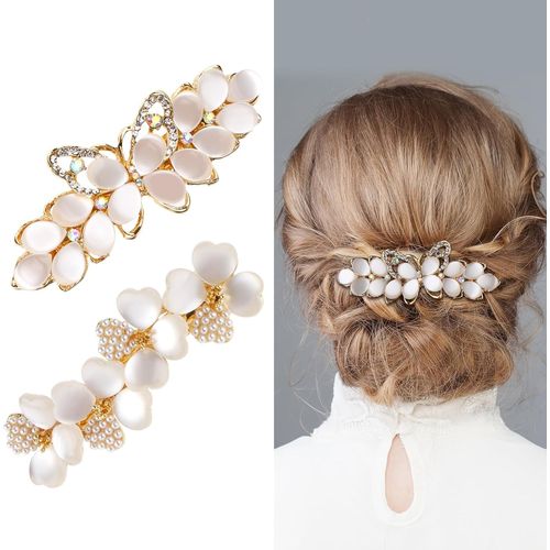 Kal-Lot De 2 Barrettes À Cheveux En Forme De Fleur Avec Strass Et Perles - Épingles À Cheveux Vintage De Mariage Avec Pince À Ressort - Accessoires De Coiffure Pour Femme - Demoiselle D'honneur