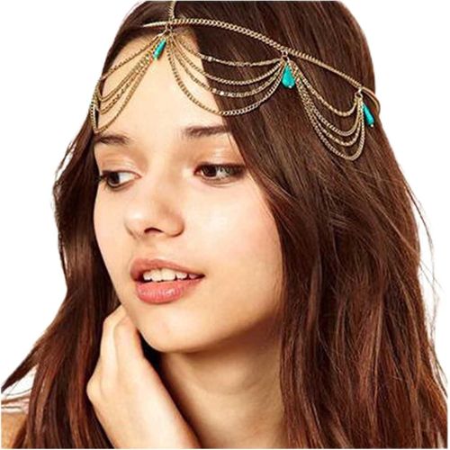 Kal-Boho Turquoise Bandeau Or Layered Tassel Head Chain Gypsy Hair Chain Festival Coiffes De Mariage Coiffe Décorative Accessoires De Cheveux Pour Femmes Et Adolescentes Cadeaux