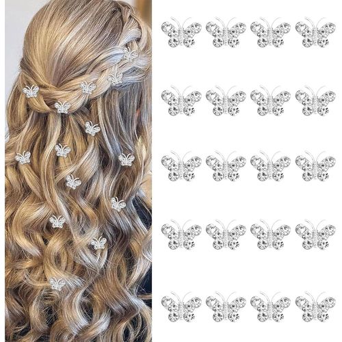 Kal-Lot De 20 Mini-Pinces À Cheveux Avec Strass Et Papillons, Jolies Barrettes Argentées, Petites Pinces Décoratives, Accessoires De Cheveux Pour Mariages, Bijoux De Cheveux Pour Femmes