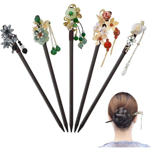 Kal-5 Pièces Baguette Cheveux En Bois Vintage, Épingle À Cheveux Chinois Baguettes, Accessoires Cheveux Femme Avec Décoré De Fleurs Et De Glands Chignon, Hairpin Pour Cheveux Diy Accessoire