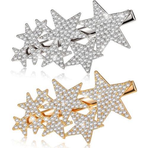 Kal-2 Paquet Barettes Cheveux Fille Vintage Épingles À Cheveux Étoiles À Cinq Branches Pince À Cheveux Antidérapante En Strass Accessoires De Cheveux Pince À Bec De Canard Métal, Or Et Argent