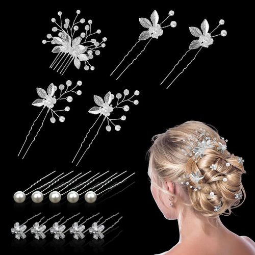 Kal-Lot De 15 Accessoires De Cheveux Pour Cheveux De Mariage Avec Perles Et Feuilles De Fleurs Et Strass, Bijou De Cheveux Pour Les Mariées Et Les Demoiselles D'honneur (Barrette Argentée)