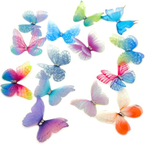 Kal-70 Pcs Tissu Transparent Papillons 3d Pinces Cheveux Papillon Diy Breloques Ongles Couvre-Chef Bijoux Vêtements Filles Dames Papillon Wandtattoo Coloré Mousseline D'organza Avec Strass (A)