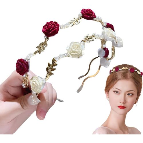 Kal-2 Pcs Serre-Tête En Perles Rose Rouge Et Rose Blanche, Bandeau Grecque Romain Coiffe Cheveux Couronne Femme Accessoires, Bridal Coiffe De Mariage Feuille Serre-Tête Couronne