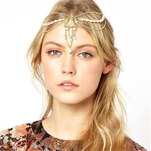 Kal-Chaine Tête Perle En Couches Boho Chaine Cheveux Or Tassel Chaine De Cheveux Perle Coiffe De Mariage Chaine Frontale Perle Halloween Festival Prom Accessoires Cheveux Pour Femmes Et Filles